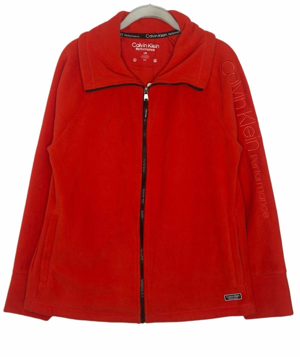Calvin Klein Performance Women’s Full Zip Fleece Sweatshirt Orange Logo Sz L New
